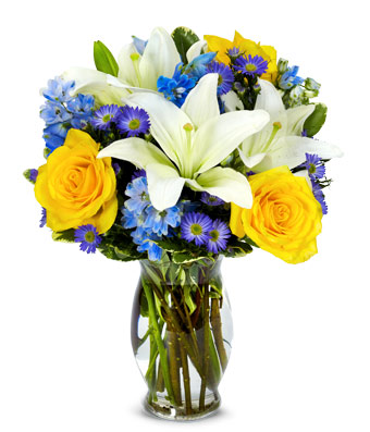 Bright Skies - Yellow Rose and Lily Vase Arrangement Bright Skies - Yellow Rose and Lily Vase Arrangement