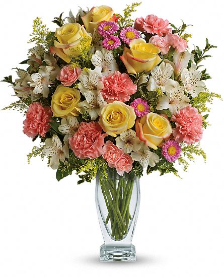 Birthday Cheer - Arrangement with Yellow Roses and Pink Carnatio Birthday Cheer - Arrangement with Yellow Roses and Pink Carnatio